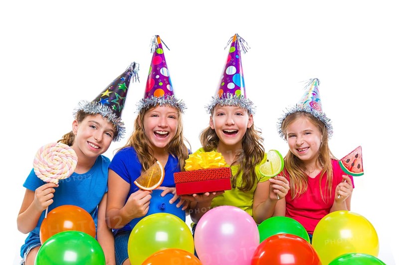 Happy kid girls birthday party balloons sweet candy and gift box on white background