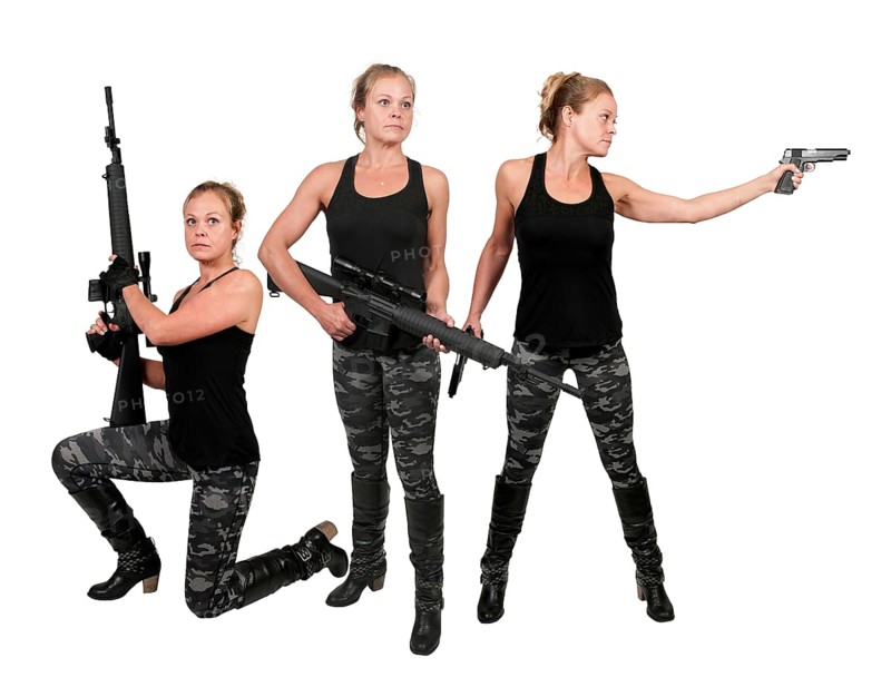 Beautiful young woman soldier with a pistol and rifle
