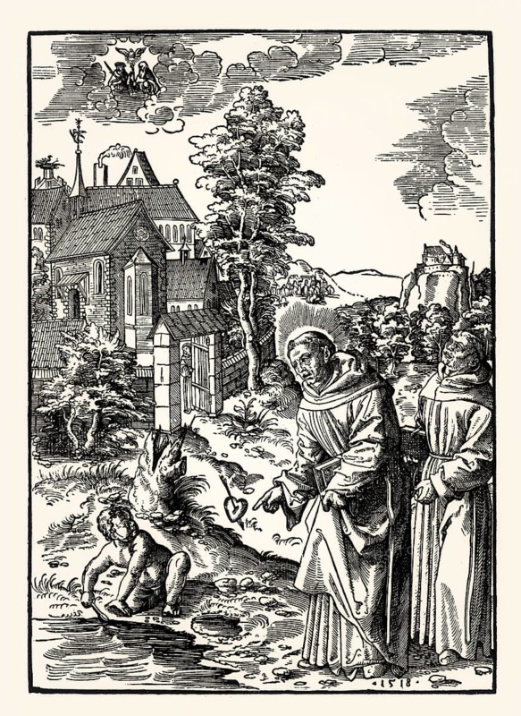 Saint Augustine and the boy exhausting the ocean, Wolf Traut, 16th century, facsimile of the 19th century