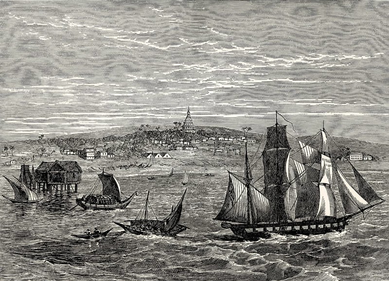 Historical view of Yangon also known as Rangoon, Myanmar, early 19th century, From British Battles on Land and Sea, by James Grant, Asia