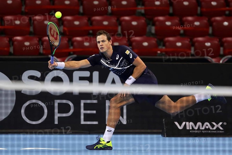 Sofia, Bulgaria - 14 November, 2020: Canada's Vasek Pospisil in action during his final match against Italy's Jannik Sinner during the Sofia Open ATP 250 tennis tournament, Sofia, Bulgaria, Europe