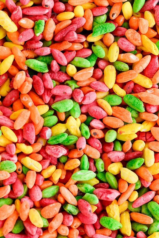 Puffed crispy colorful rice in the bowl. Healthy breakfast