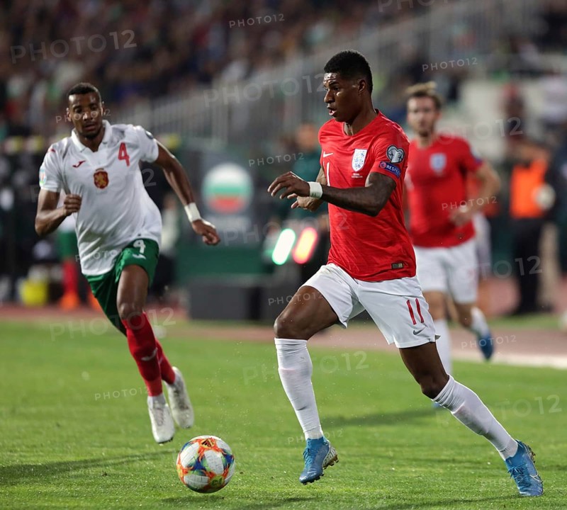 Sofia, Bulgaria - 14 October 2019: Marcus Rashford (R) is seen in action against Bulgarian football player during Bulgaria vs England match part of 2020 European Qualifier