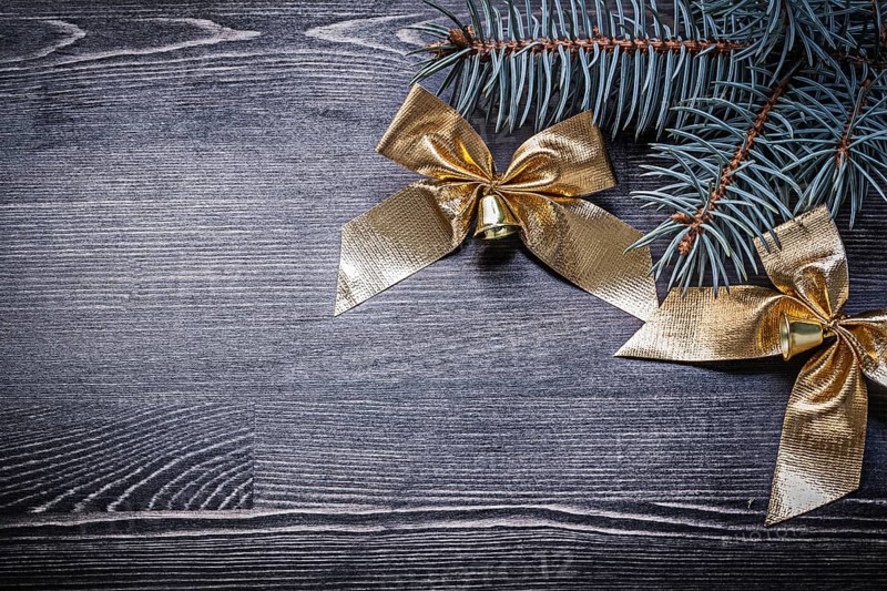 Goldish bows fir tree branch on wooden board holiday concept