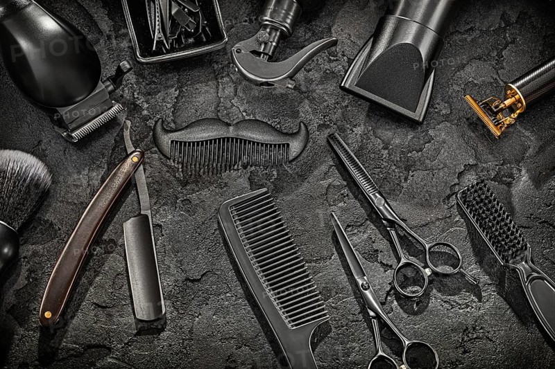 Big Set Of Professional Black Barber Tools. Barber Shop. Hairdresser Concept