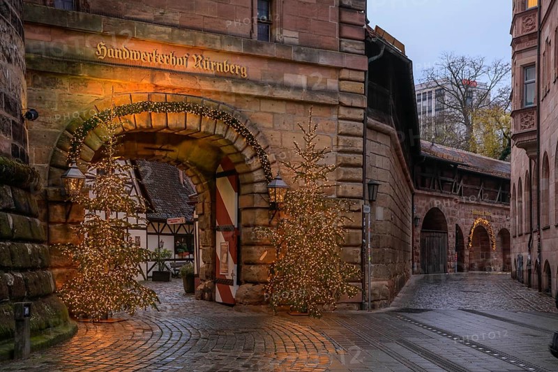 Handwerkerhof, former armoury at the Königstor, city wall, Christmas trees, Christmas lights, Nuremberg, Middle Franconia, Franconia, Bavaria, Germany, Europe