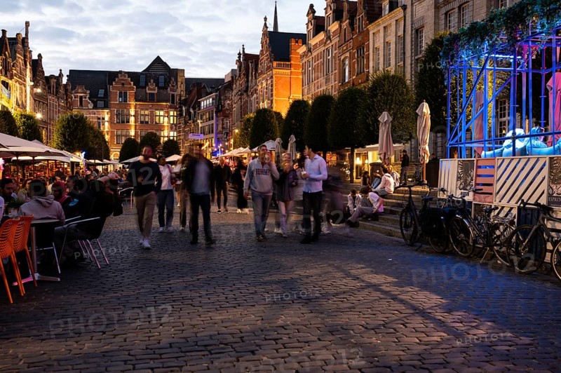 Leuven, Flemish Brabant Region, Belgium, 07 01 2022, Lively night scene with party students at the old market square, the longest bar in Europe, Europe