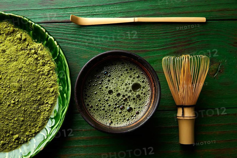 Matcha tea powder bamboo whisk chasen and spoon for japanese ceremony