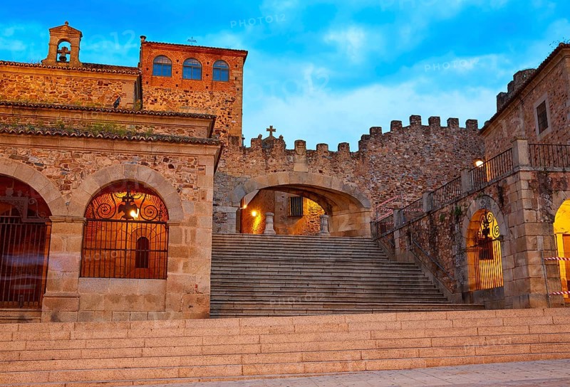 Caceres Plaza Mayor square at sunset in Extremadura of Spain