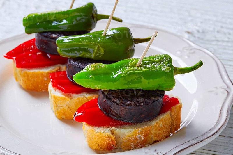 Pinchos Burgos morcilla with padron pepper tapas pintxos from Spain food