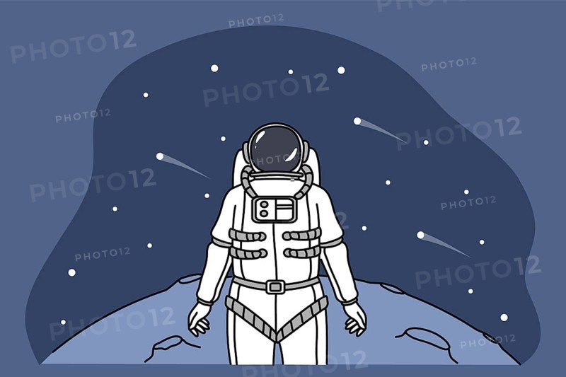Astronaut in spacesuit explore planet in universe look in space full of stars. Cosmonaut or spaceman stand on surface of moon, have mission in open cosmos. Flat illustration