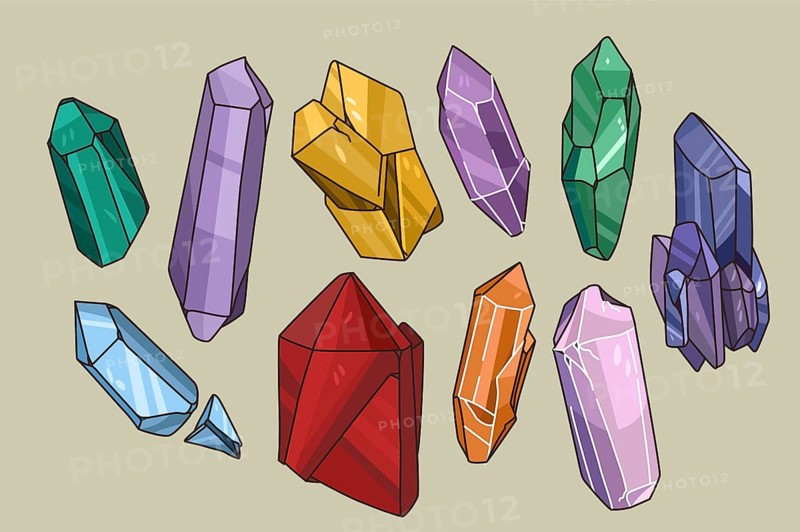 Colorful collection of various natural stones. Set of different size and shape precious gemstones. Minerals and crystals isolated. Semi-precious gems. Flat vector illustration