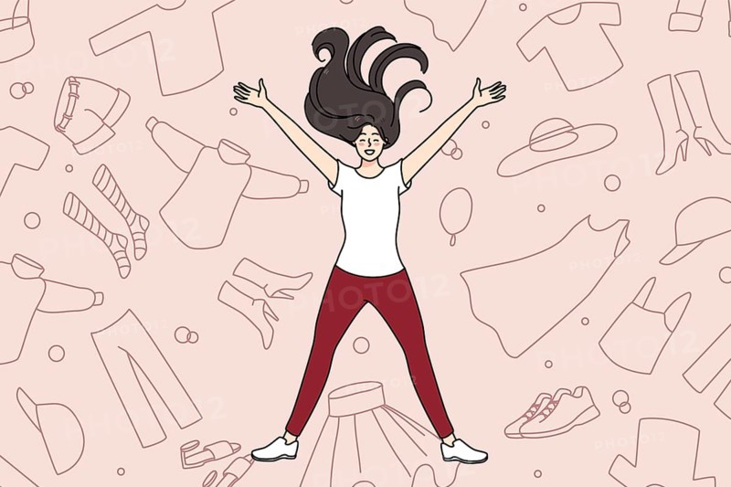 Overjoyed young girl lying among clothes excited with shopping and purchase. Smiling woman shopaholic with garment and apparel. Concept of consumerism and fast fashion. Vector illustration
