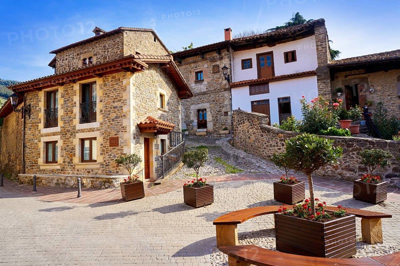 Potes village facades in Cantabria of Spain