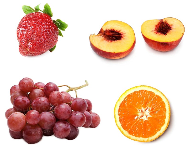 Collage from fresh ripe fruit grape, peach, strawberries and orange on white background. Picture is stuck from several photographies