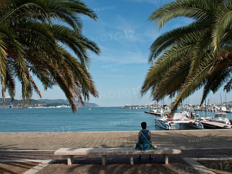 Woman sitting on a bench under palm trees while looking at the sea and the harbour with boats, La Spezia, Italy, Europe