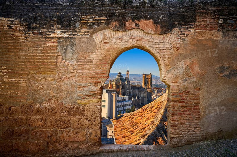 Alhambra arch and Granada cathedral photo illustration