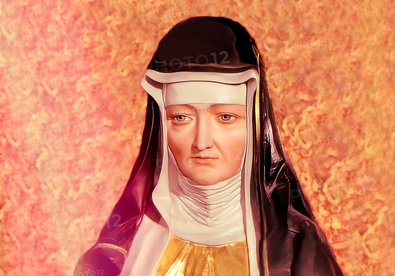 Figure of Hildegard of Bingen, Sibyl of the Rhine, 1098 – 1179, German Benedictine abbess and polymath, digitally edited