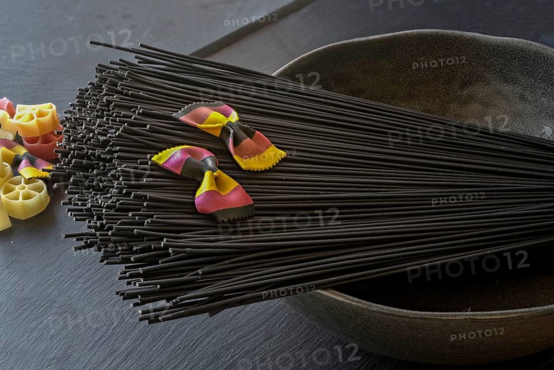Black spaghetti and farfalle