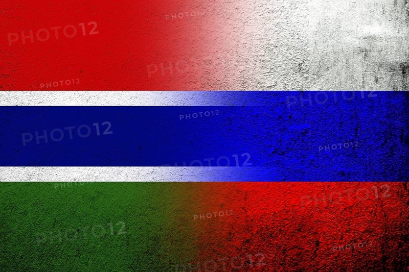 National flag of Russian Federation with The Republic of The Gambia National flag. Grunge background