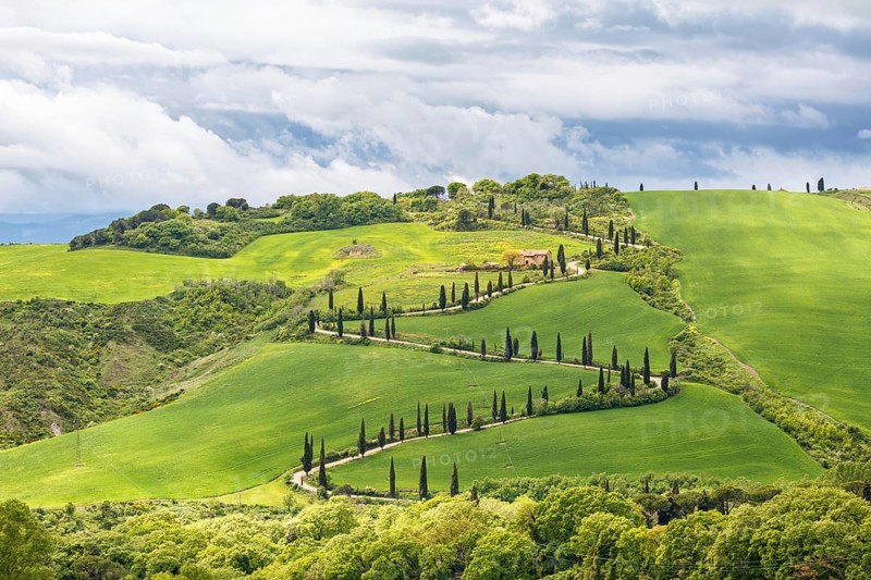 Tuscan rural landscape view with a winding road on a hill
