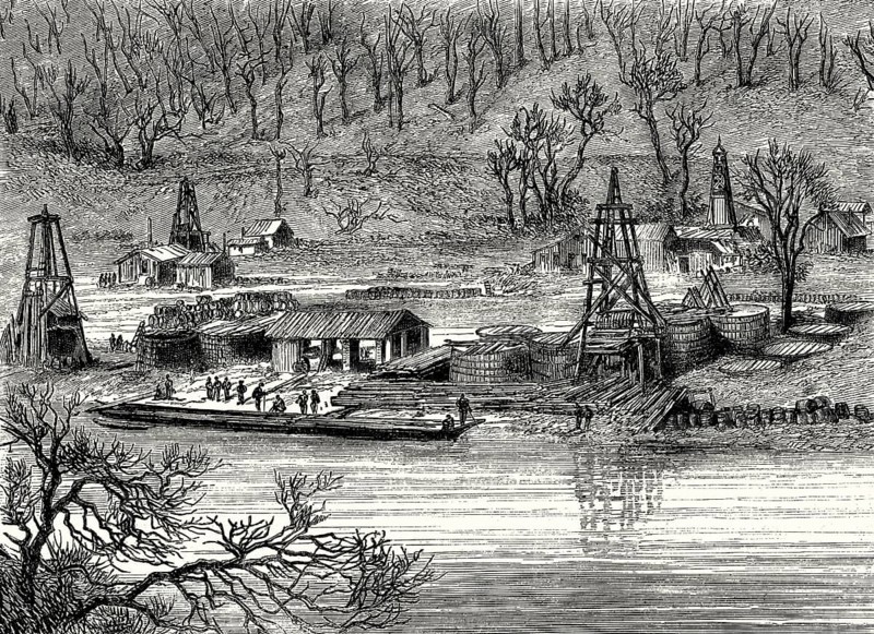 Early oil field exploitation in Pennsylvania, around 1862