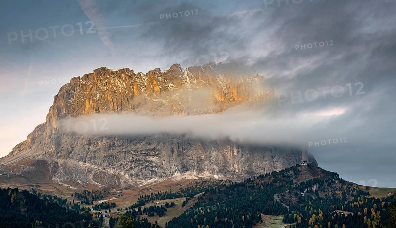 Breathtaking views of the Mountain peaks of Langkofel or Saslonch, mountain range in the dolomites during sunrise in South Tyrol, Italy, Europe