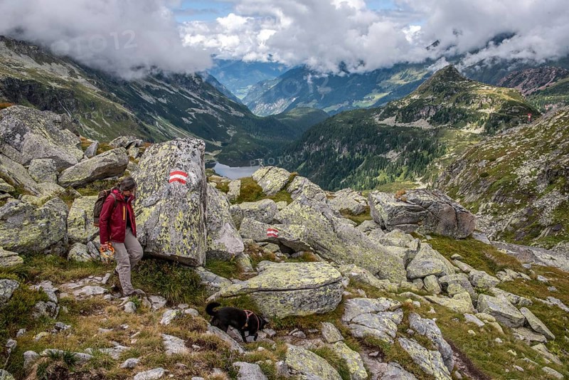 Woman hiking with her dog in the High Tauern National Park, the Austrian alps