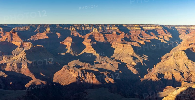 A picture of the landscape of the Grand Canyon National Park as seen from the south rim, Mather Point
