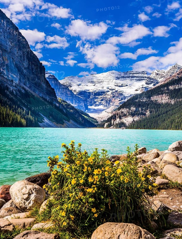 Glacial Lake Louise. Sunny fine day. Travel to the Rocky Mountains of Canada. The lake with azure water is surrounded by mountains and forests. The concept of ecological, active and photo tourism