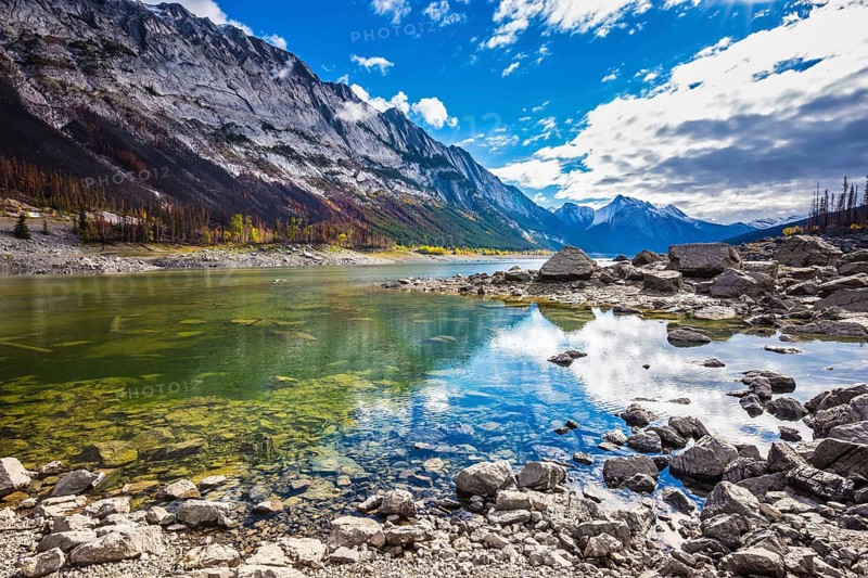 Jasper National Park, Canada. Strong shoaling Medicine Lake in the fall