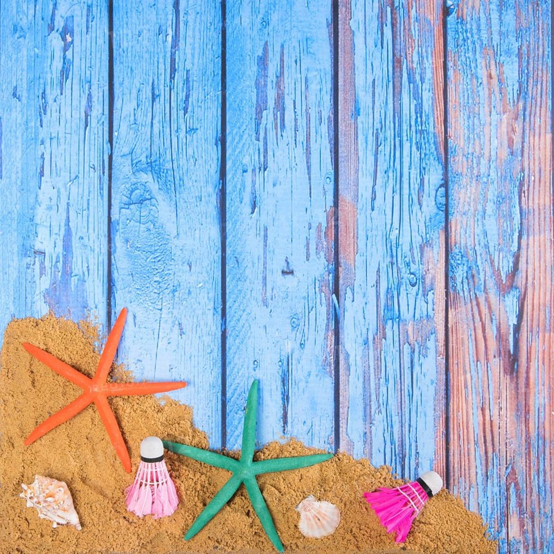 Beach poster on wooden background with starfishes and shells