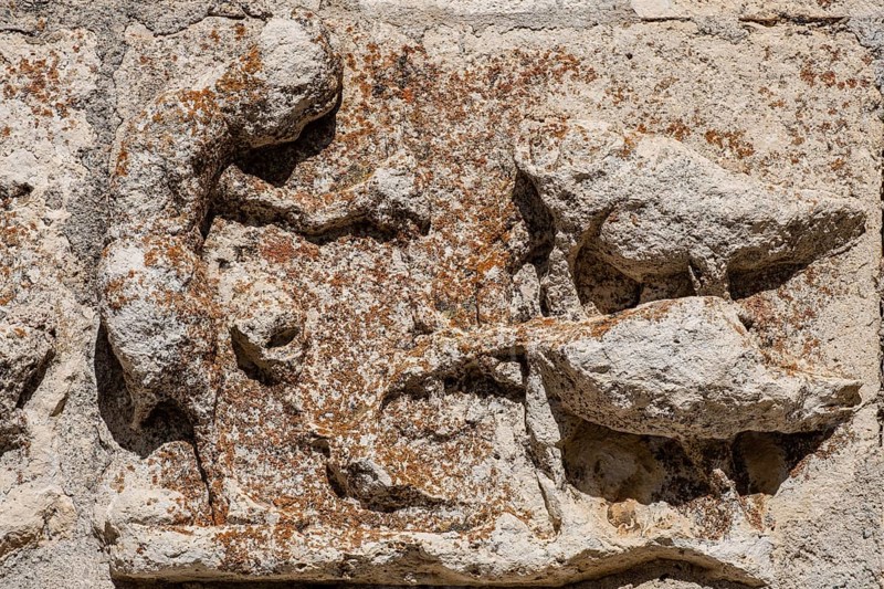 Sowing in which the farmer uses a Roman plow drawn by two oxen, sculptural frieze with an agricultural calendar, San Galindo Chapel, Parish Church of San Bartolomé, Campisábalos, Guadalajara, Spain, Europe