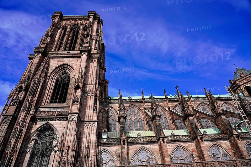 Strasbourg Cathedral, Cathedral of Our Lady, Cathédrale Notre-Dame, Cathedral, Detailed side part of a Gothic cathedral under a blue sky, Strasbourg, Strasbourg, Bas-Rhin, Alsace, Alsace, France, Europe