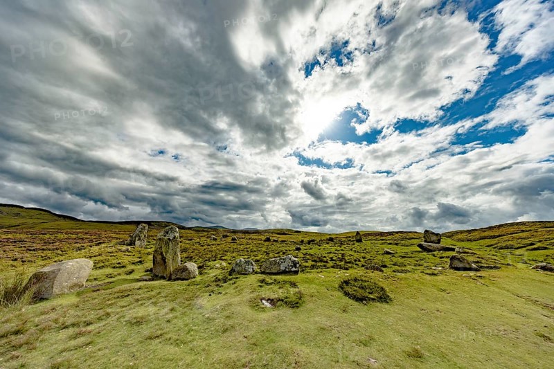 Druids Circle, stone circle in wide landscape with pastures in the mountains, Penmaenmawr, Dwygyfylchi, Caernarfonshire, Conwy County Borough, Wales, Great Britain