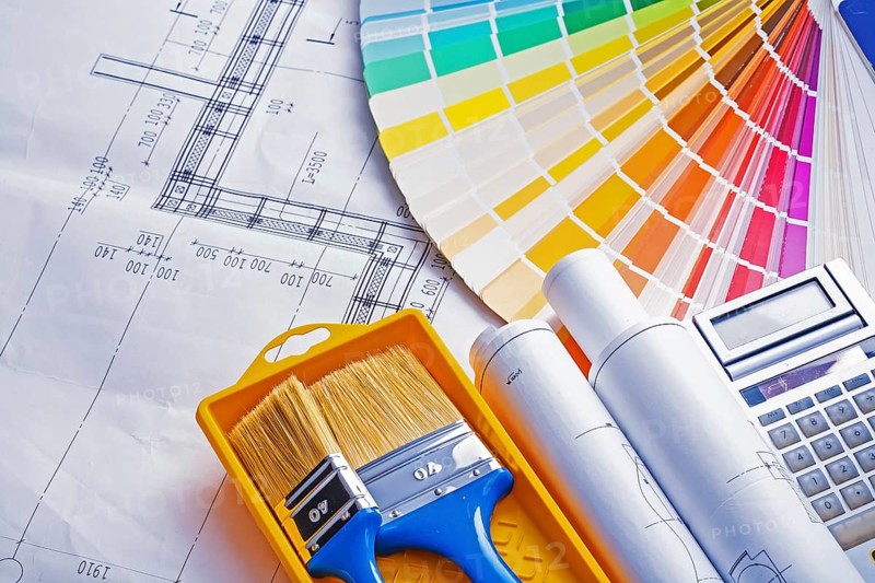Set of painting tools paint brushes in tray rolls blueprints color palette calculator