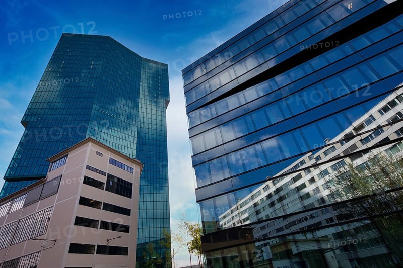 High-rise buildings with glass facades and sky in the background in urban style, Prime Tower, Zurich, glass facade, reflections, Canton of Zurich, Switzerland, Europe