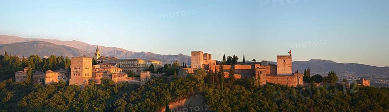 View of the Alhambra complex in Granada, Spain, at dusk, Europe