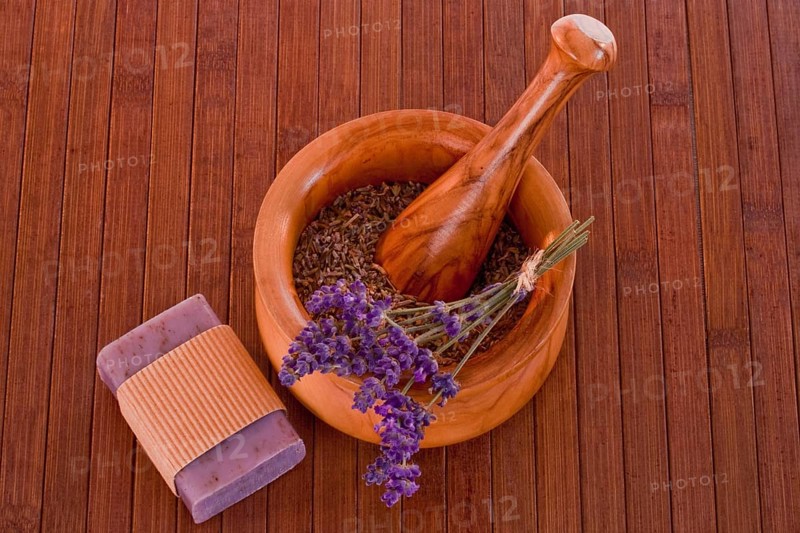 Bar of lavender soap with mortar and pestle Bar of lavender soap with mortar and pestle