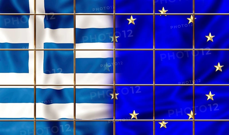 Greece flag encaged in Europe. Financial concept for failure, debit, bankruptcy, financial emergency, default, currency exit and financial bond