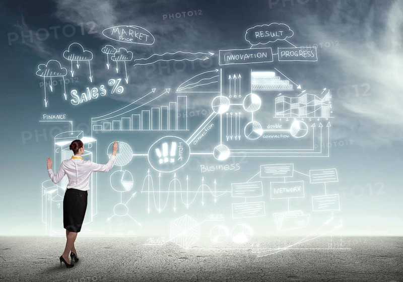 Back view of businesswoman drawing business plan sketches