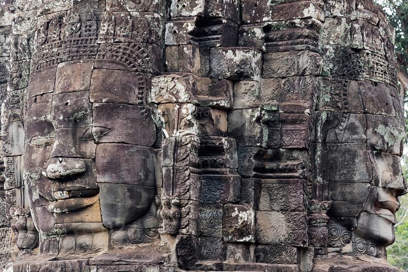 Buddhist gatekeepers, mystical, enchanted, close-ups, Khmer Kingdom, Theravada Buddhism, Unesco World Heritage Site, sacred statues, Angkor Thom, Angkor Wat, Siem Reap, Cambodia, Southeast Asia, Asia
