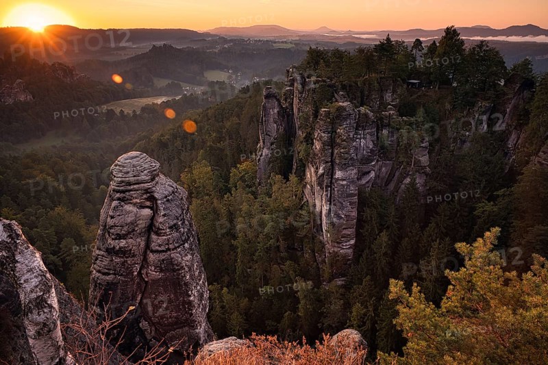 Sunrise, rocks, mountains, forest, Bastei, Ferdinandstein, Saxon Switzerland, Germany, Europe