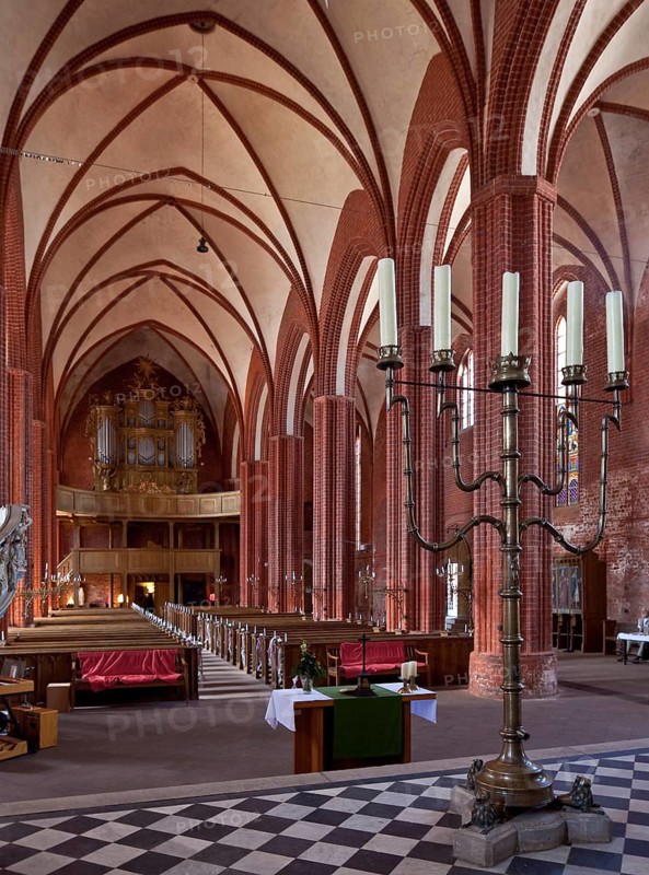 Werben Altmark Stadtkirche St Johannis 87732 Interior facing west 1412-67 built Standing chandelier 1487 by Hermen Bonstede Rotgießer from Hamburg