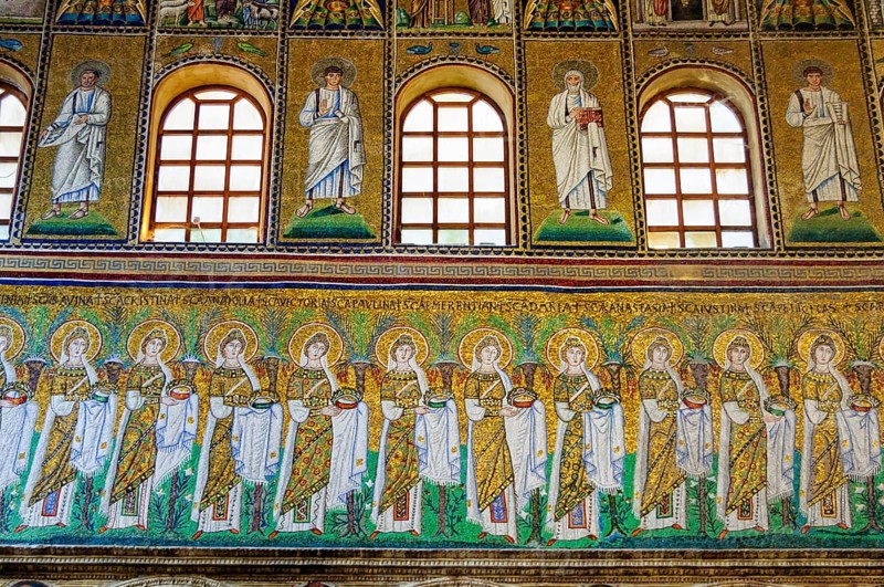 Mosaics on the side of the nave in Basilica of Sant Apollinare Nuovo, Ravenna, Italy, Europe