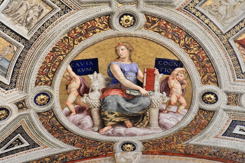 Vatican Museums, Vatican City, Vatican, Rome, Lazio, Italy, Fresco of a woman with a book surrounded by angels on an ornate golden background, Vatican, Rome, Lazio, Italy, Europe
