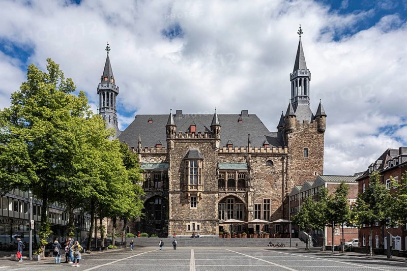 View of the town hall from Katschhof, with the 8th century Granus Tower on the right - Aachen, North Rhine-Westphalia, Germany, Europe