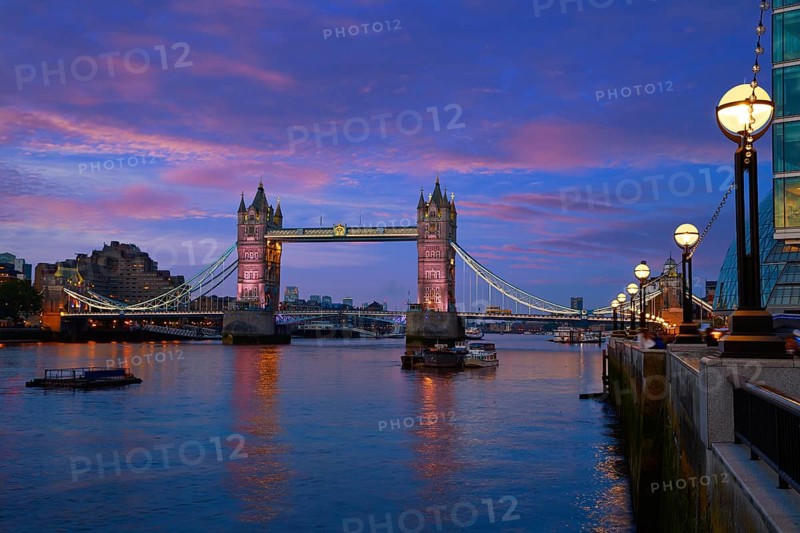 London Tower Bridge sunset on Thames river in England
