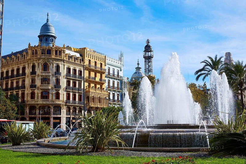 Valencia Ayuntamiento square Casa Ferrer and Noguera buildings at Spain