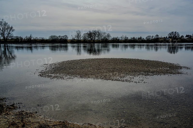 Small sandbank in a calm river with trees and cloudy sky, Danube, Bogen, Lower Bavaria